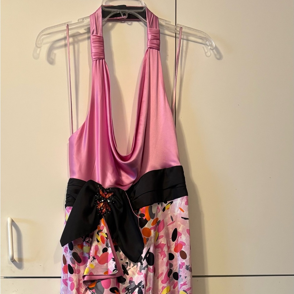 Pink Halter Dress with Black Bow